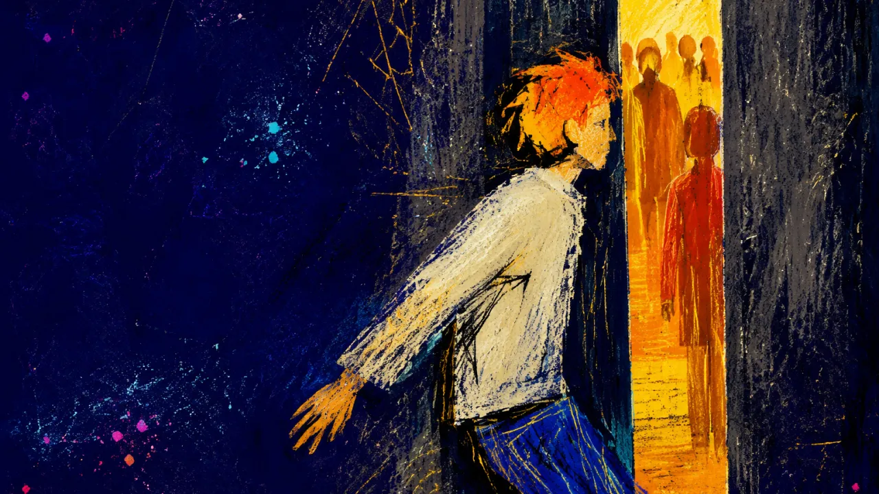 A figure with torso angled between narrowing indigo walls and warm silhouettes gathered beyond an open threshold.