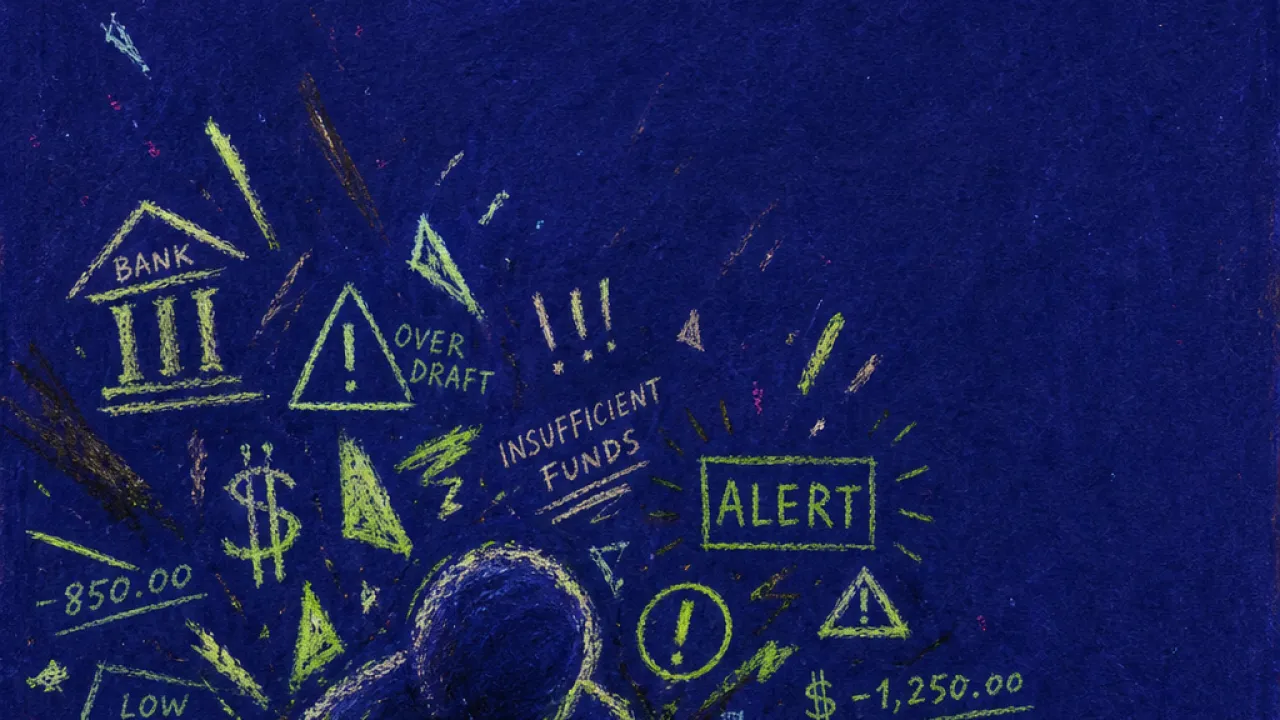 A hunched figure holds a glowing phone as charts, bank alerts, and video panels crowd around their shoulders