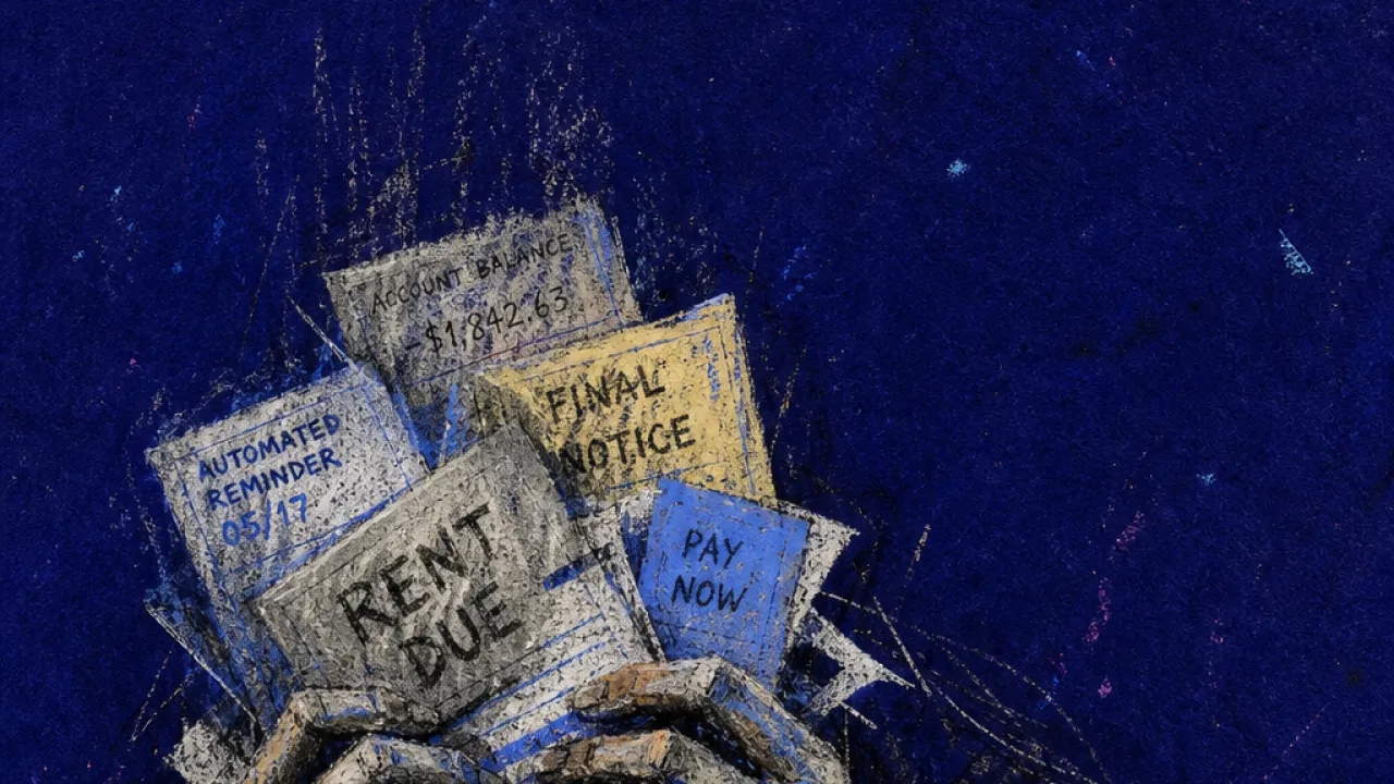 A solitary figure hunched over glowing bills as reminders and rent notices press into both hands in deep indigo space