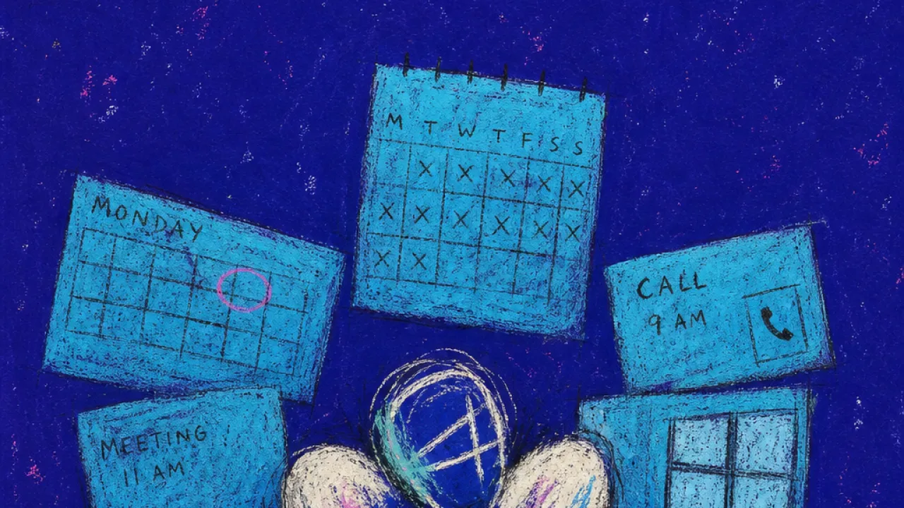 A solitary figure surrounded by overlapping call windows and calendar blocks pressing inward against raised shoulders