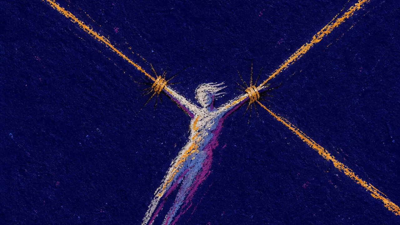 A solitary figure suspended by crossed message threads, one line pulling close while another retracts into deep indigo space