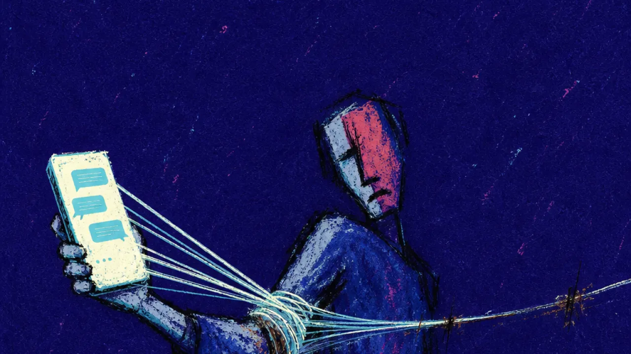 Threads pulling the hand back A solitary figure holding a phone away as glowing message threads pull at the wrist in deep indigo space