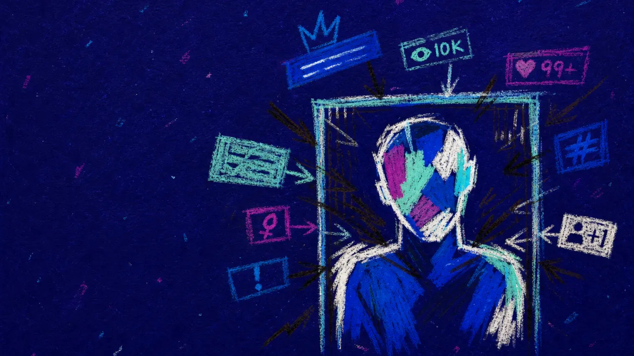 Metrics pressing inward A solitary figure inside a glowing profile frame as floating metrics press inward around the shoulders