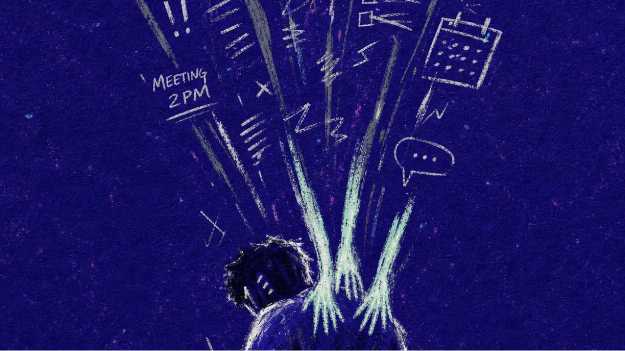 A solitary figure hunched over a desk as extra hands press into the upper back and papers pile in deep indigo space