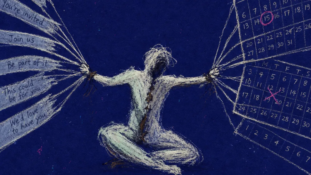 A solitary figure pulled sideways by glowing message threads and calendar blocks, with tense lines stretching into separate」