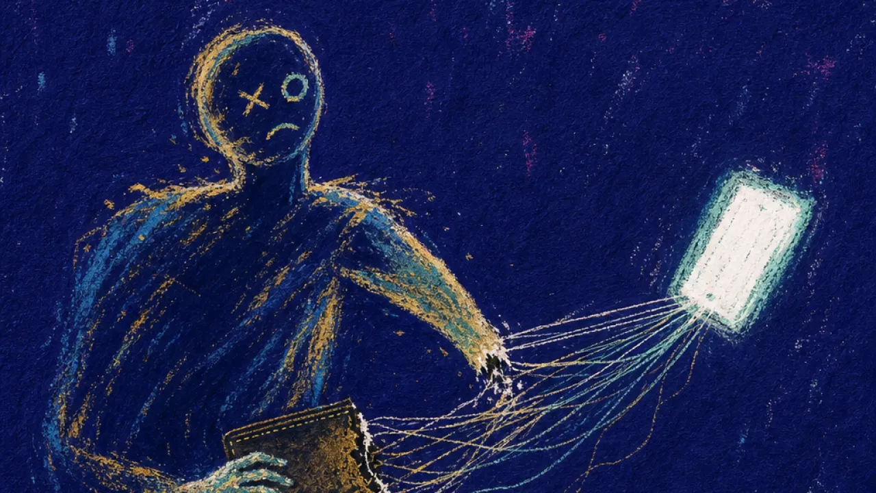 A solitary figure bracing a wallet as messages and open palms pull glowing payment threads from a phone