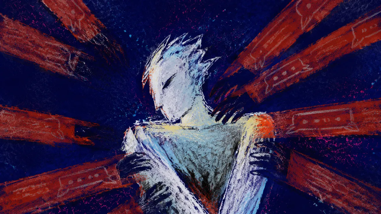 A solitary figure leans back with arms held close as rust-red bands and overlapping shadows press inward from every side.