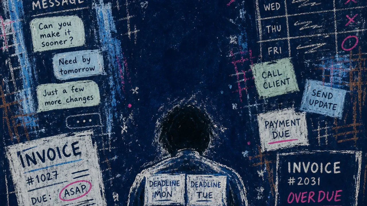Schedules Pressing From Both Sides A solitary figure pinned between overlapping calendars, crossed lines pressing into the upper back in deep indigo space