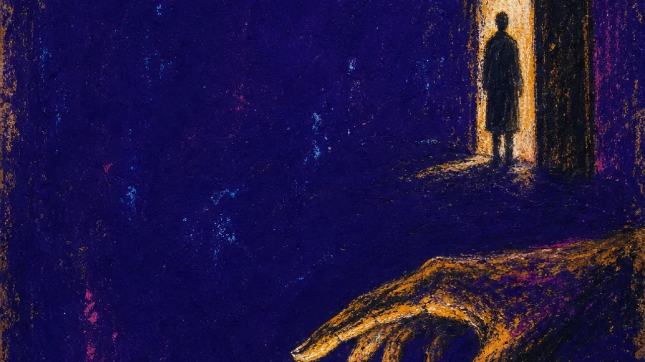 A solitary figure at a half-open doorway, phone light flickering as retreating shadows pull the body forward and back