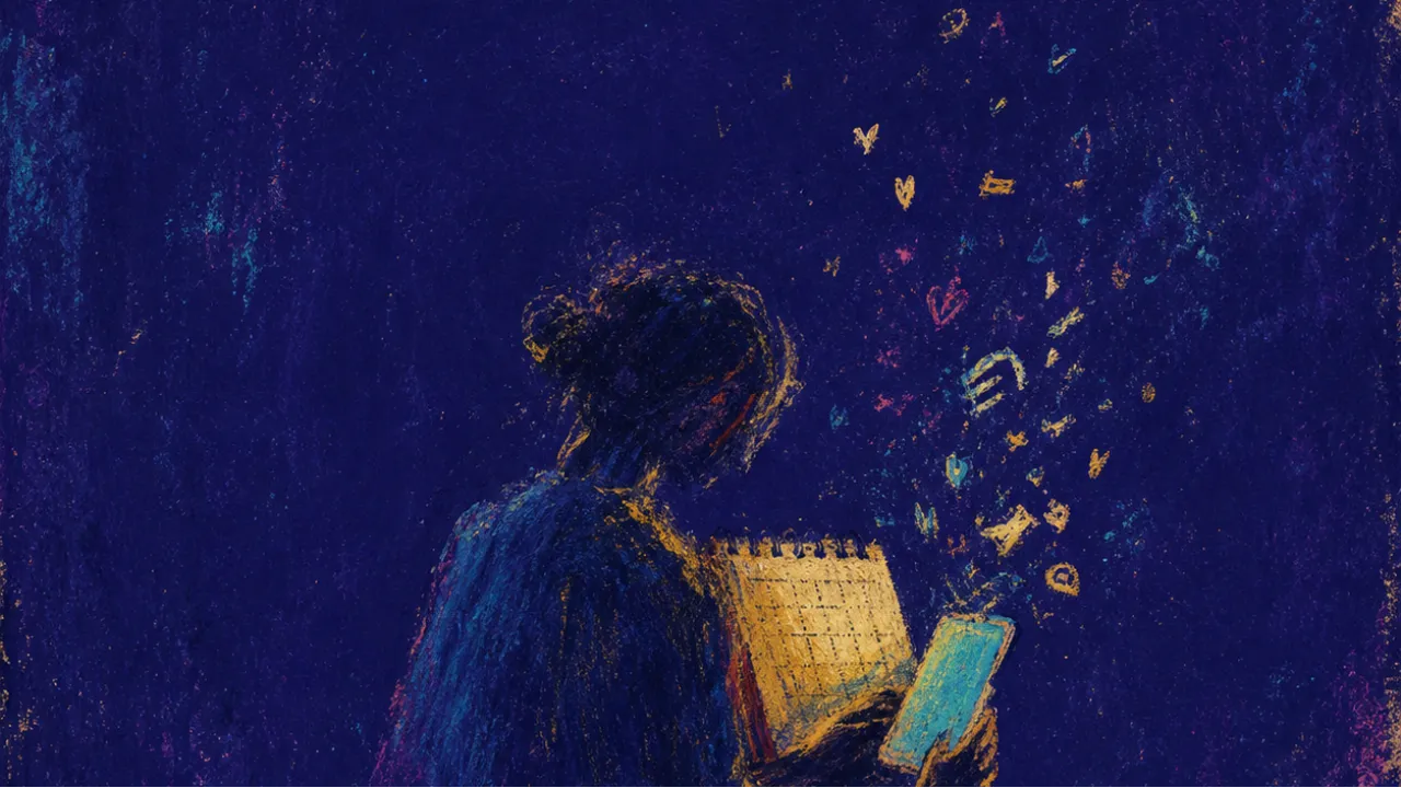 A solitary figure holds a glowing phone and half-open calendar while bright messages fade before reaching solid ground