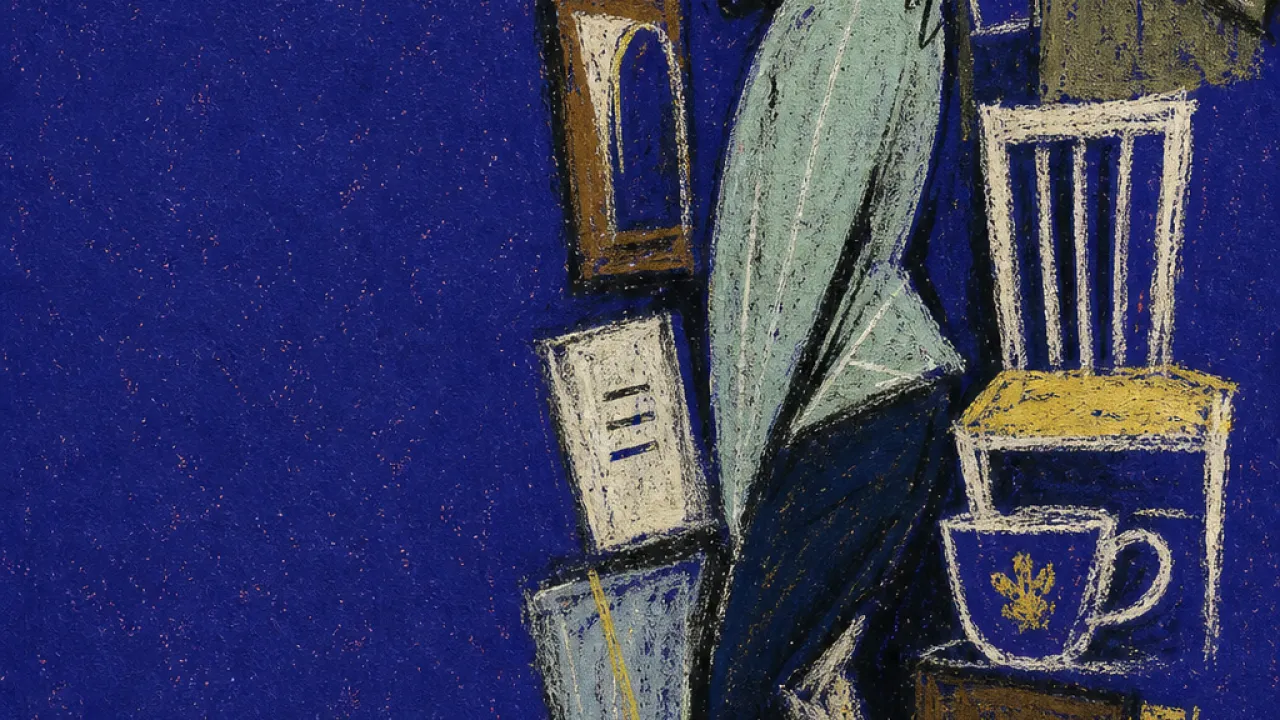 A solitary figure turned sideways in a narrow room as coats, chairs, cups, and furniture press into every walkway