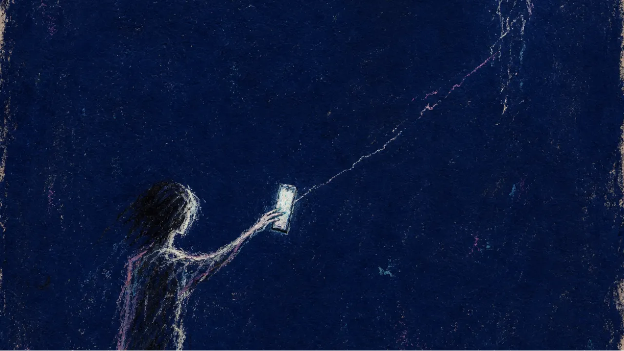 A solitary figure reaching toward a dim phone as a fading silhouette pulls a thin thread of contact into deep indigo space