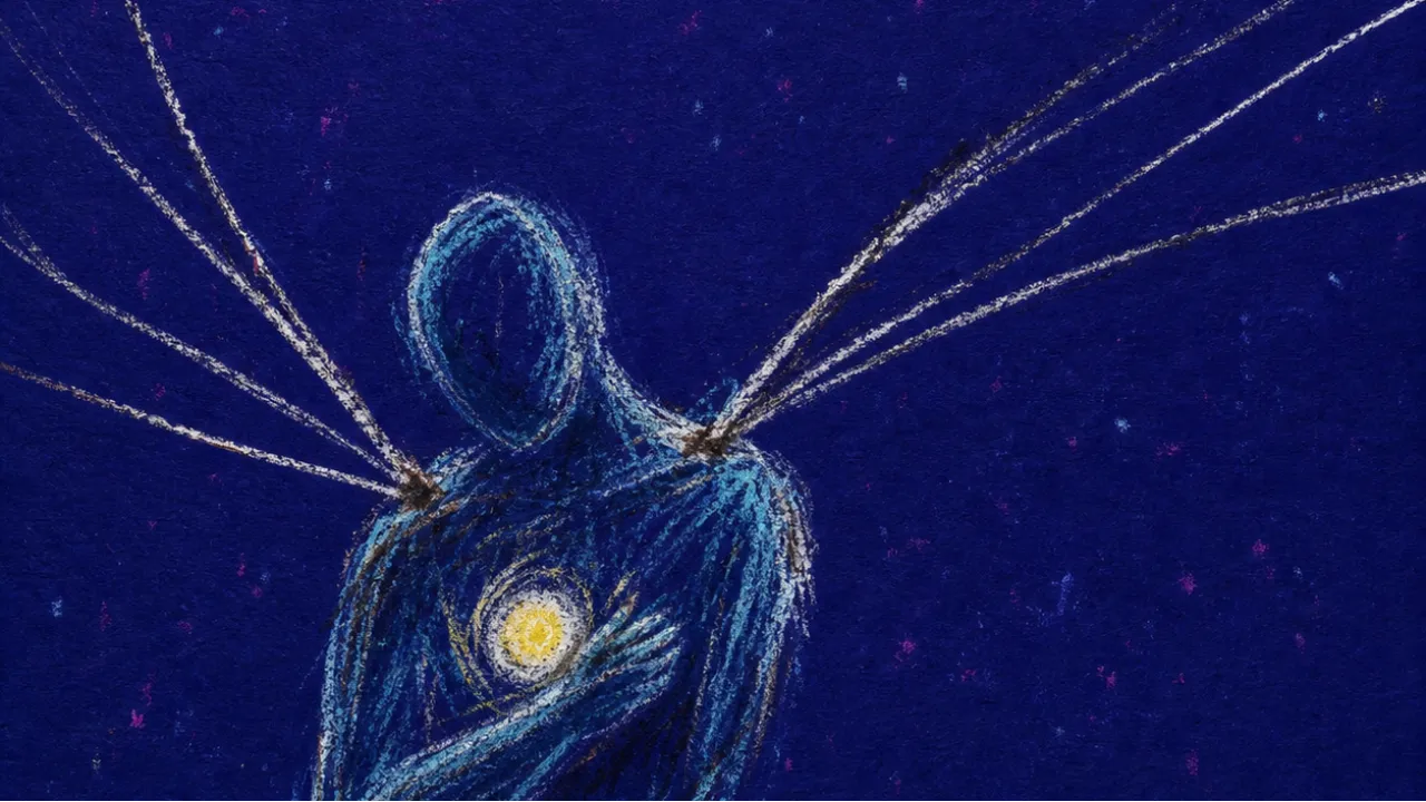 A solitary figure shielding a glowing map dot as outside hands pull tracking lines across their shoulders in deep indigo