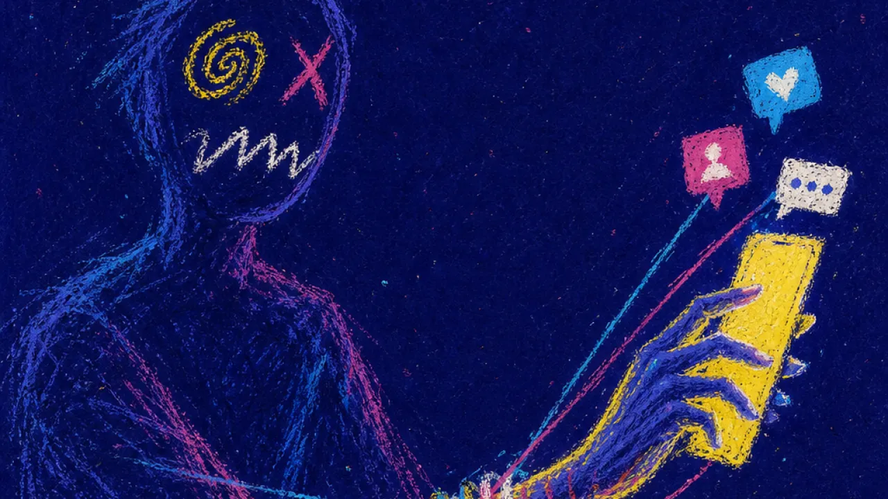 Pulled by endless alerts A solitary figure with a wrist wrapped in glowing notification threads, one hand pulled toward a bright phone in dark space