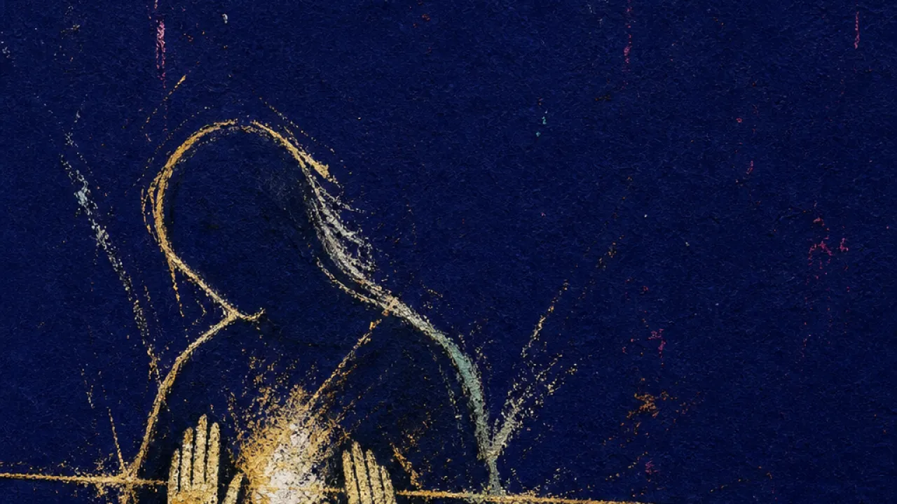 A solitary figure with shoulders drawn inward as raised hands pull a bright boundary line into a dark public chamber