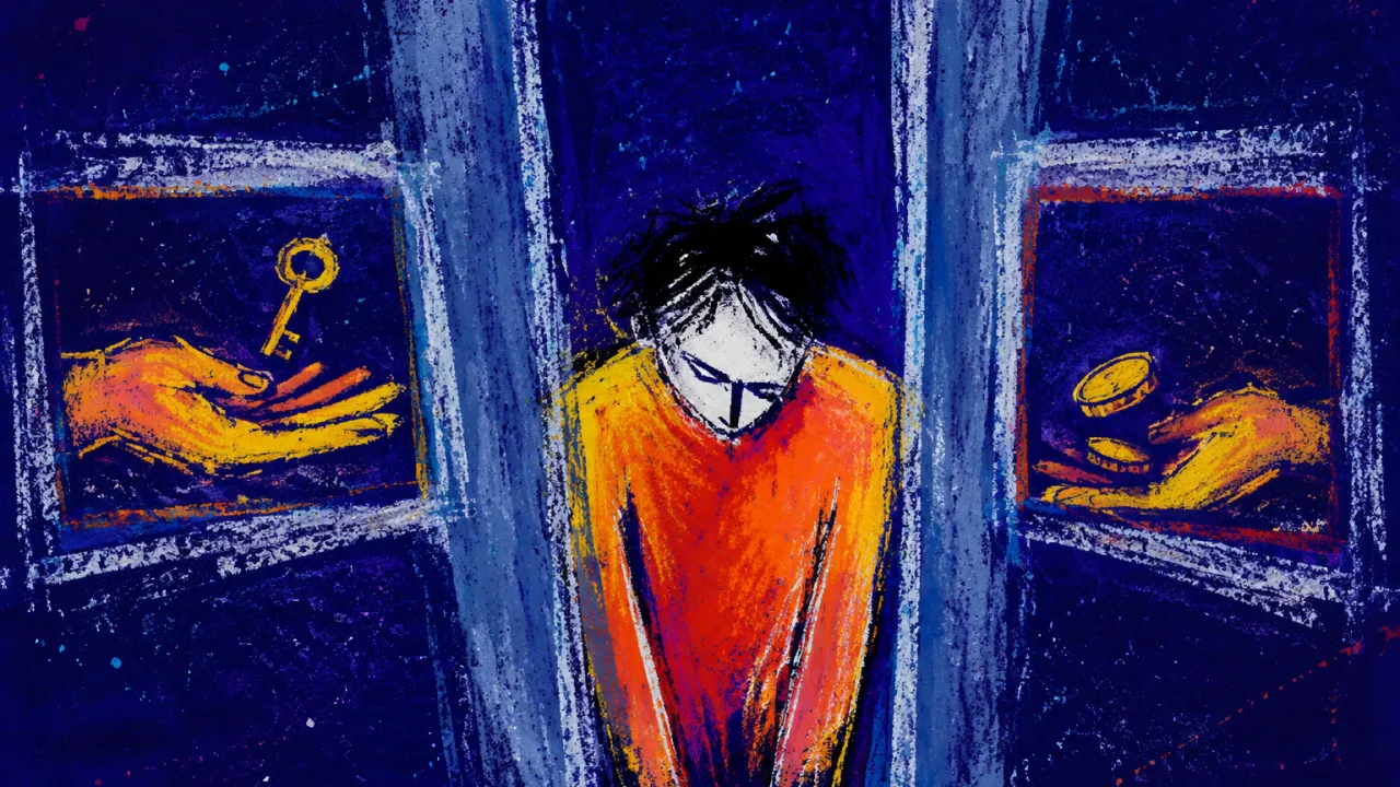 Doorways Pressing Inward A solitary figure stands in narrowing doorframes, shoulders lowered as warm keys and coins hover beyond cool borders.