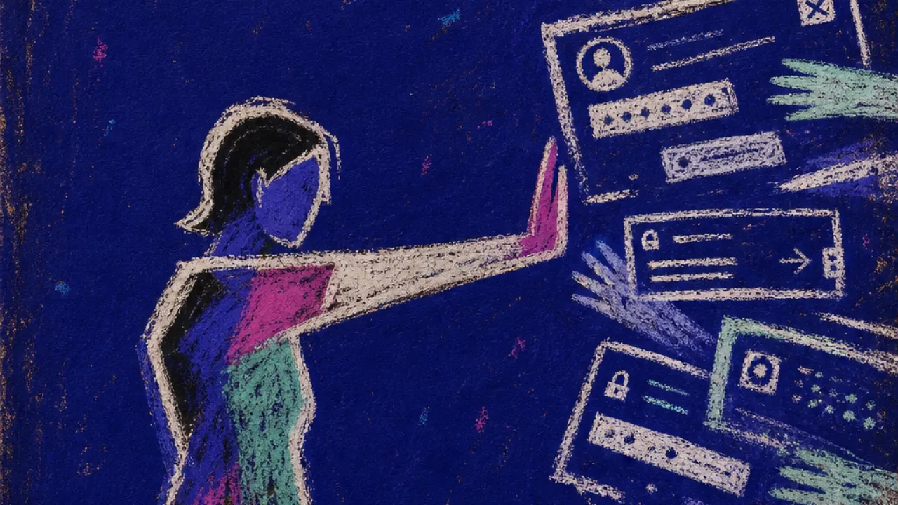 A solitary figure bracing an arm as glowing phone screens and login prompts press inward across a thin boundary line