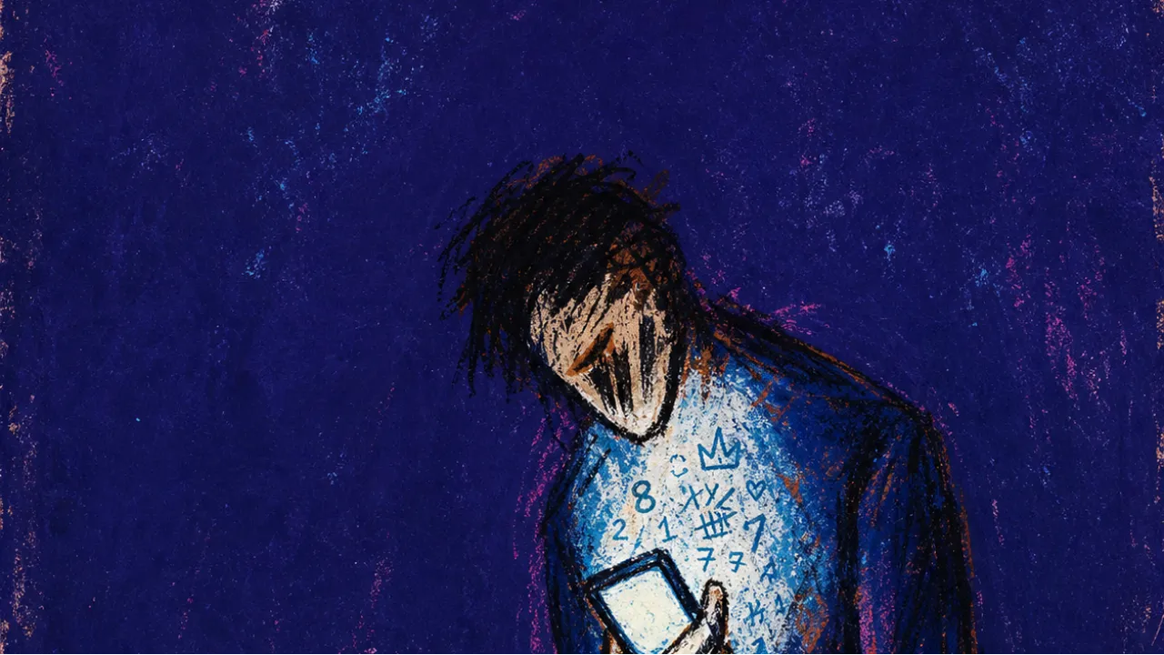 A hunched figure over a glowing phone, score marks pressed into the chest and thumb by floating numbers and images