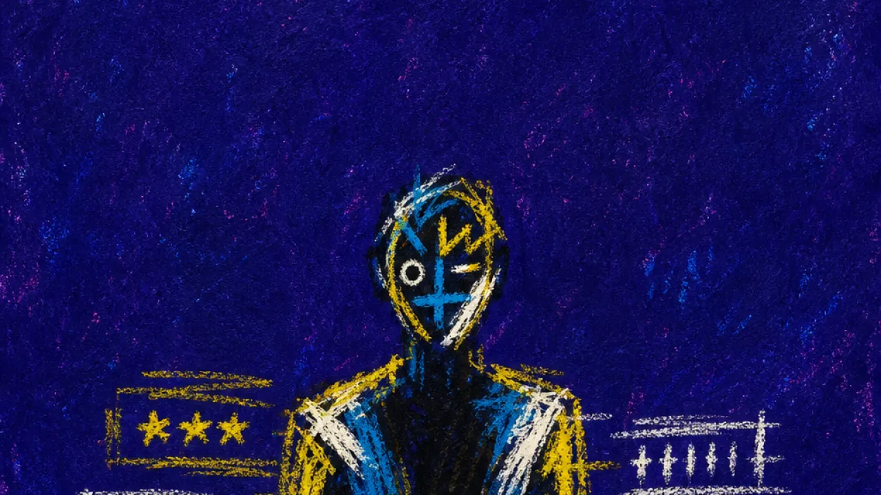 A solitary figure held upright under phone screens and table lights, bright marks pressing across shoulders in deep indigo