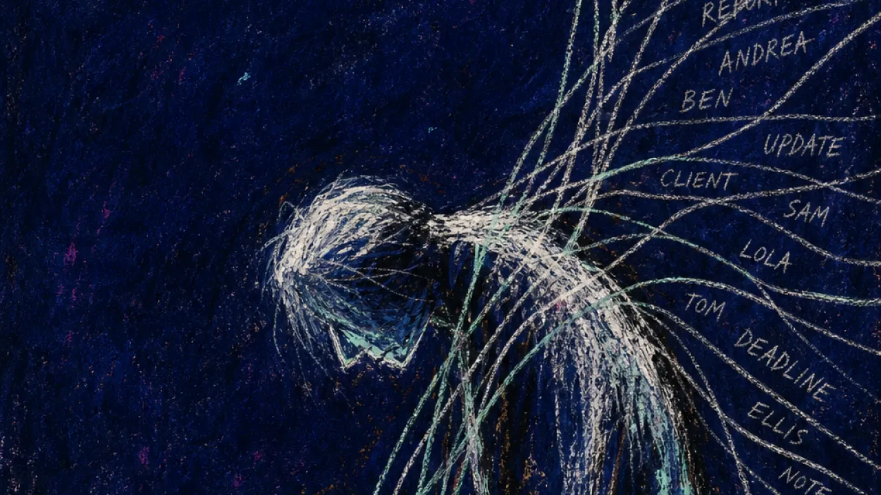 A solitary figure hunched over a glowing inbox as paper-like hands pin message threads across their shoulders