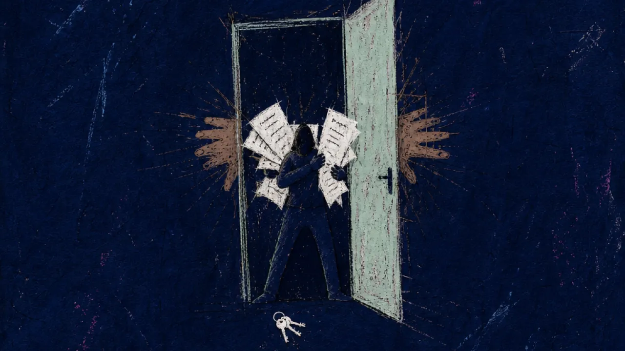 Pushed through the doorway too soon A solitary figure bracing in a narrowing doorway as hands and lease papers press inward against their shoulders