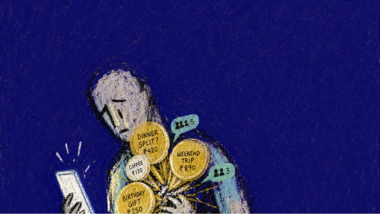 A solitary figure holding a glowing phone as coin-like payment requests press into their chest in deep indigo space
