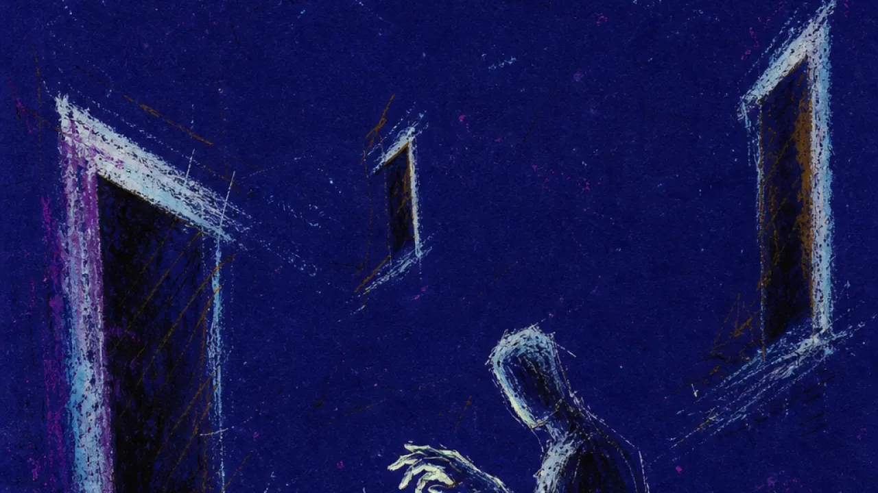 A solitary figure reaching toward shifting doorways, one hand over a glowing phone as silver gaps pull away