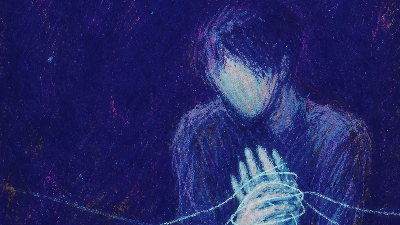 Contact without clear edges A solitary figure with drawn-in shoulders, hands wrapped in glowing message threads that leave pale marks in dark space