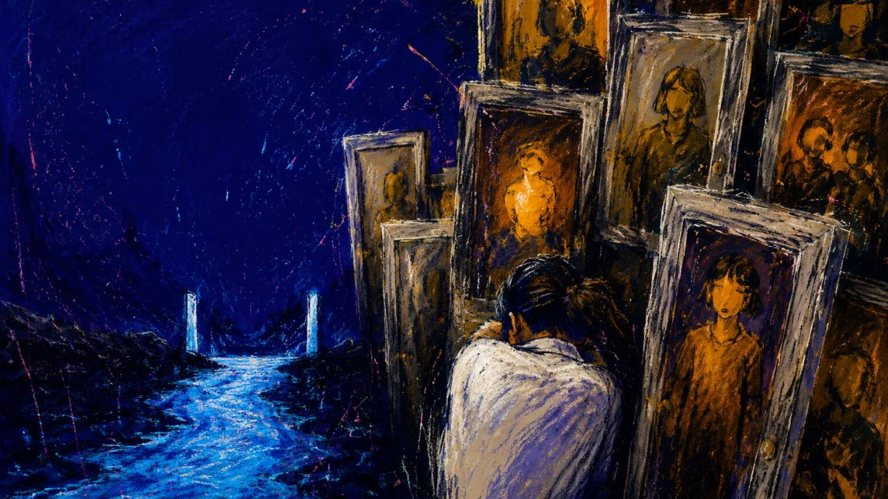 Access Closing In From Behind A lone figure at a riverbank, shoulders beneath encroaching photo-lined doorframes as the ground narrows toward a crossing.