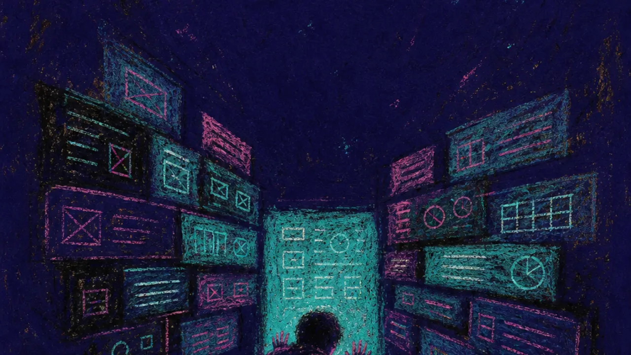 Choices pressing from all sides A hunched figure faces a glowing portal as deadline banners and plan grids press toward their shoulders in deep indigo space