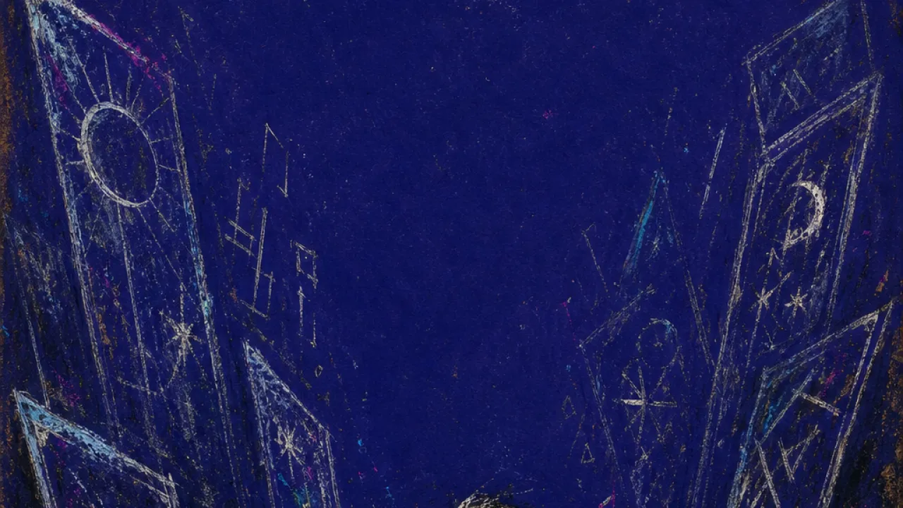 A solitary figure hunched over papers as portal screens and billing windows press inward with shifting silver numbers