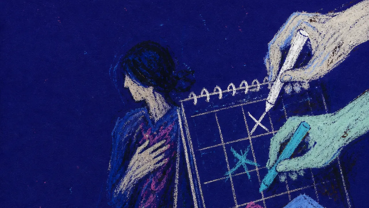 A solitary figure beside an open calendar as several hands write over empty days, ink lines closing around the body