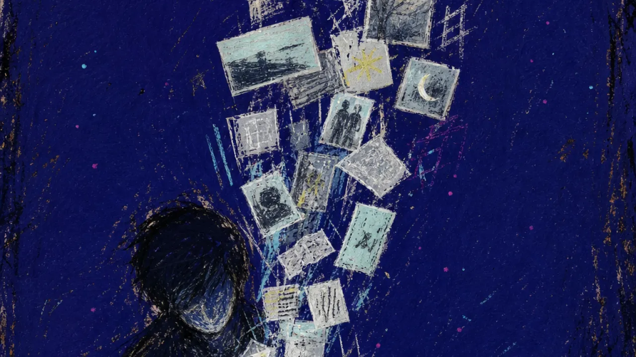 A solitary figure holding a glowing phone as old thumbnails rise from the screen toward the chest in deep indigo space