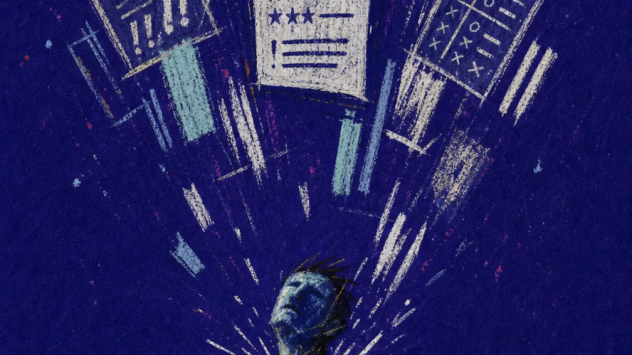 A solitary figure with braced shoulders under glowing review panels, score sheets pressing downward in deep indigo space
