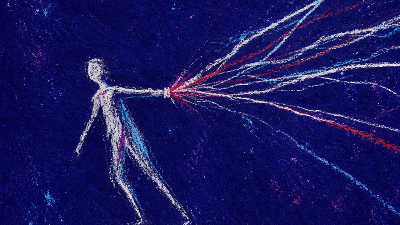A solitary figure holding a glowing phone as taut threads pull from the wrist into dark space, leaving red pressure marks.