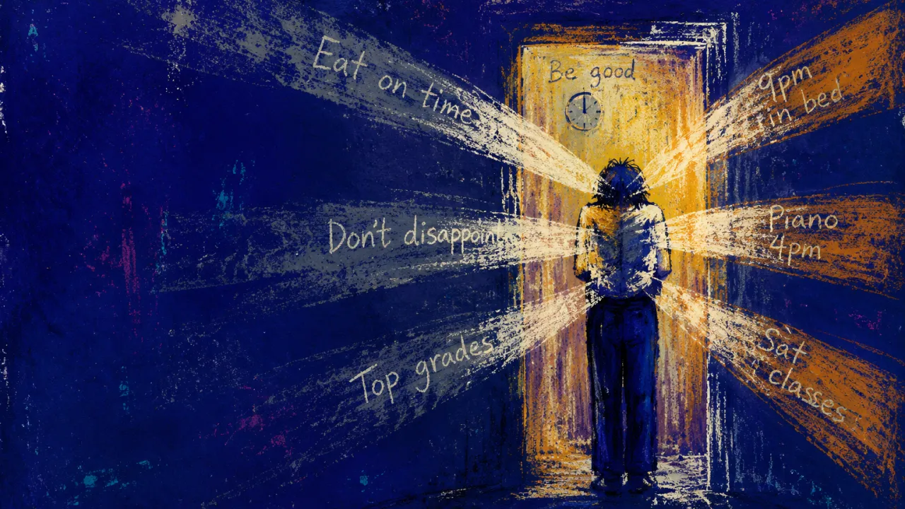 A solitary figure stands in a narrow doorway, shoulders drawn inward as cold bands of light press around the torso.