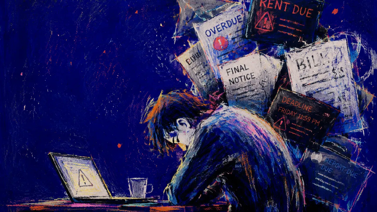 Everything Pressing Down at Once A bowed figure at a desk with alerts and notices stacking visible weight across the upper back in deep indigo space