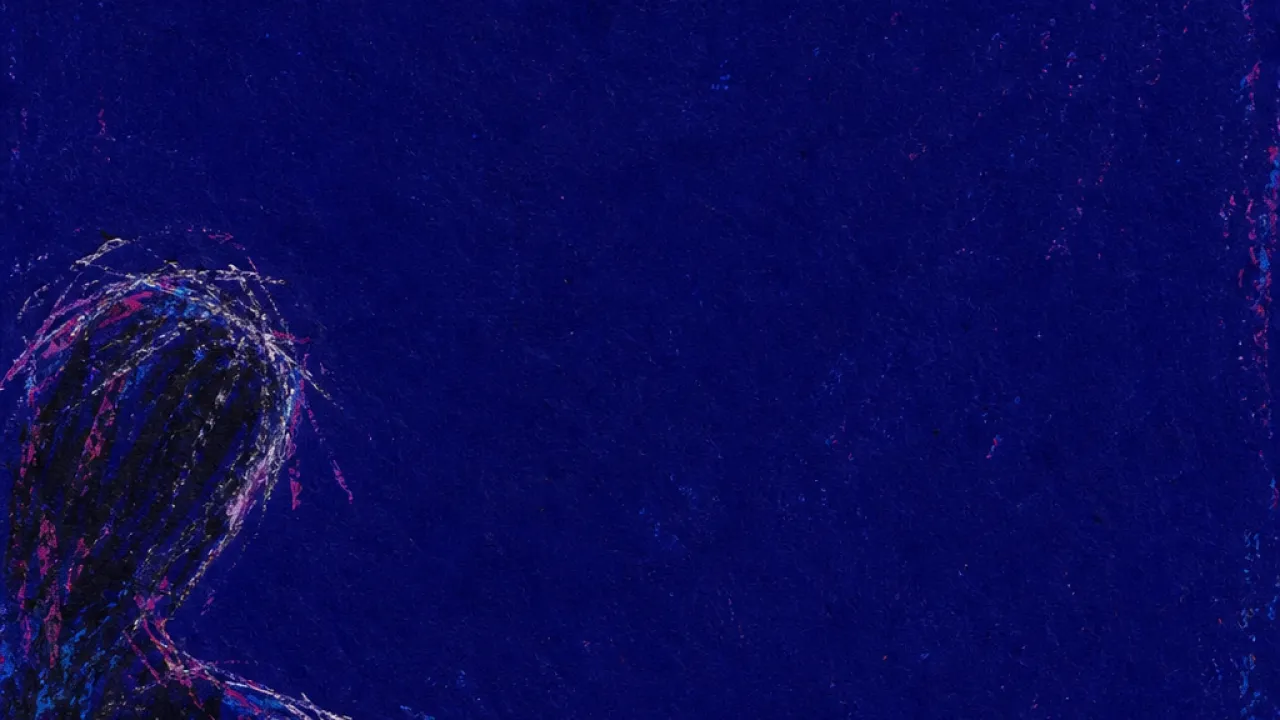 A solitary figure reaches toward a glowing phone as cold silver gaps stretch through a deep indigo room