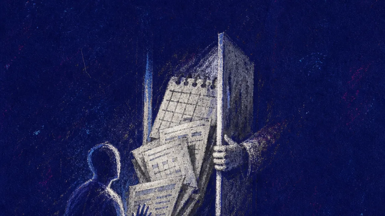 The window closing inward A solitary figure at a high office window, an open door held by one hand as calendars and forms press inward
