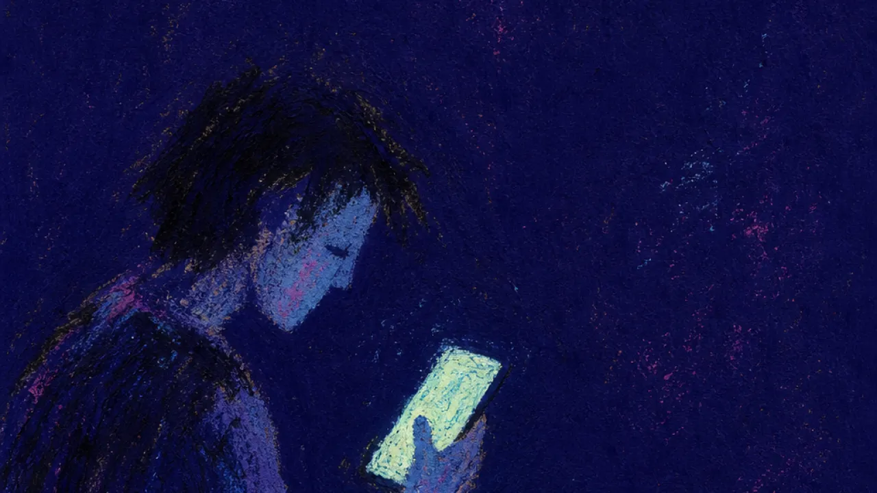 A solitary figure with a hovering thumb, glowing read receipts tightening around the wrist in cold cyan and deep indigo light