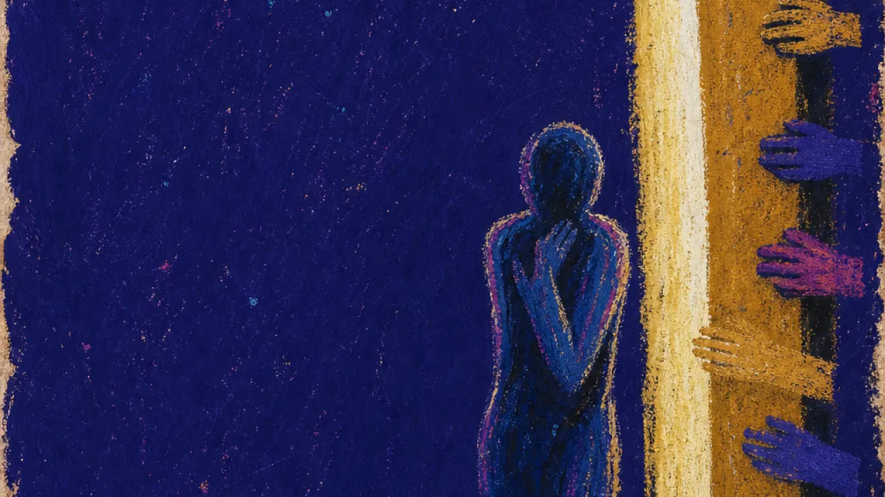 A solitary figure at a half-open lit doorway, shoulders pulled inward as hands hold the entrance and scattered fragments back