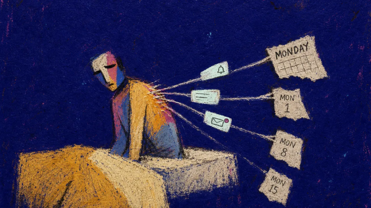 A hunched figure on a bed as calendar pages and phone alerts tug the shoulders forward through cold silver light