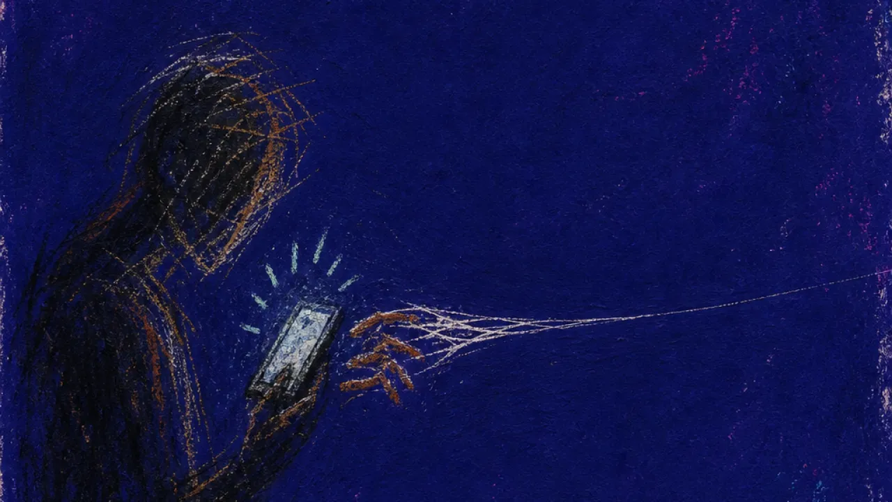 A solitary figure reaching toward a dim phone as a distant shape pulls a thinning message thread into deep indigo space