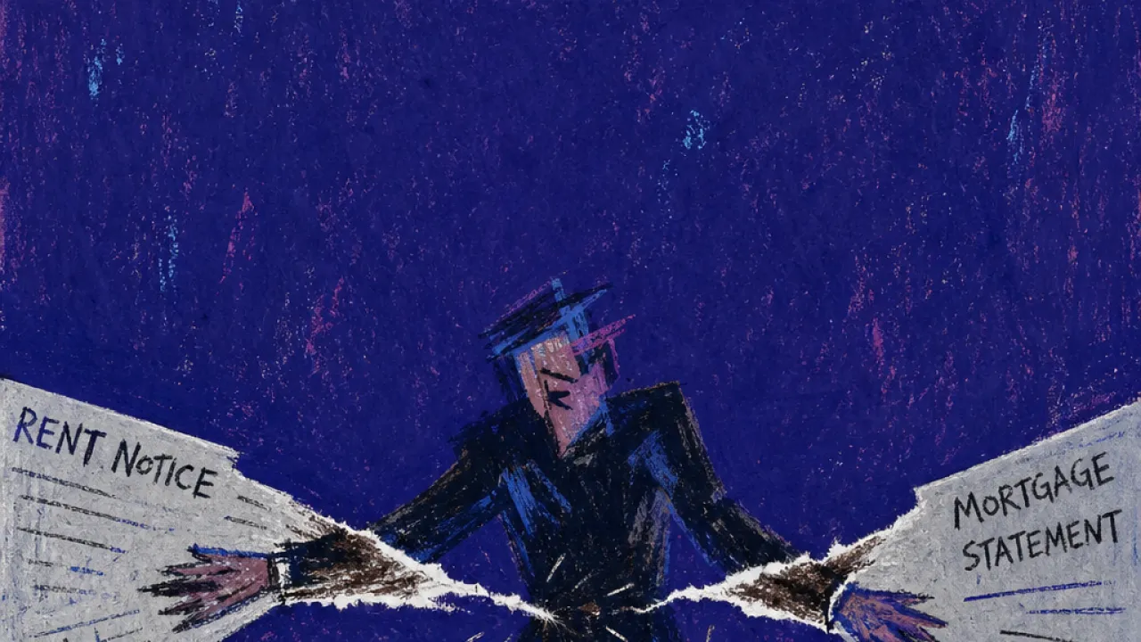 A solitary figure bent over shifting rent notices and mortgage forms, both arms pulled in opposite directions by paper trails