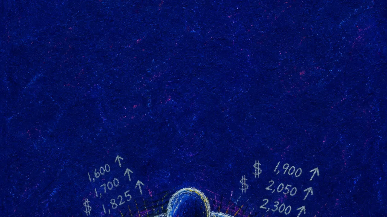 A solitary figure hunched over a glowing rent map as closing doors and rising numbers press inward around the shoulders
