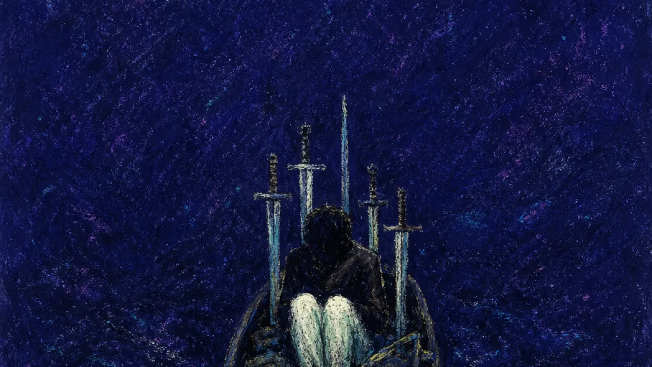A solitary figure in a small boat, packed bags and upright swords crowding the space as deep indigo water carries it forward