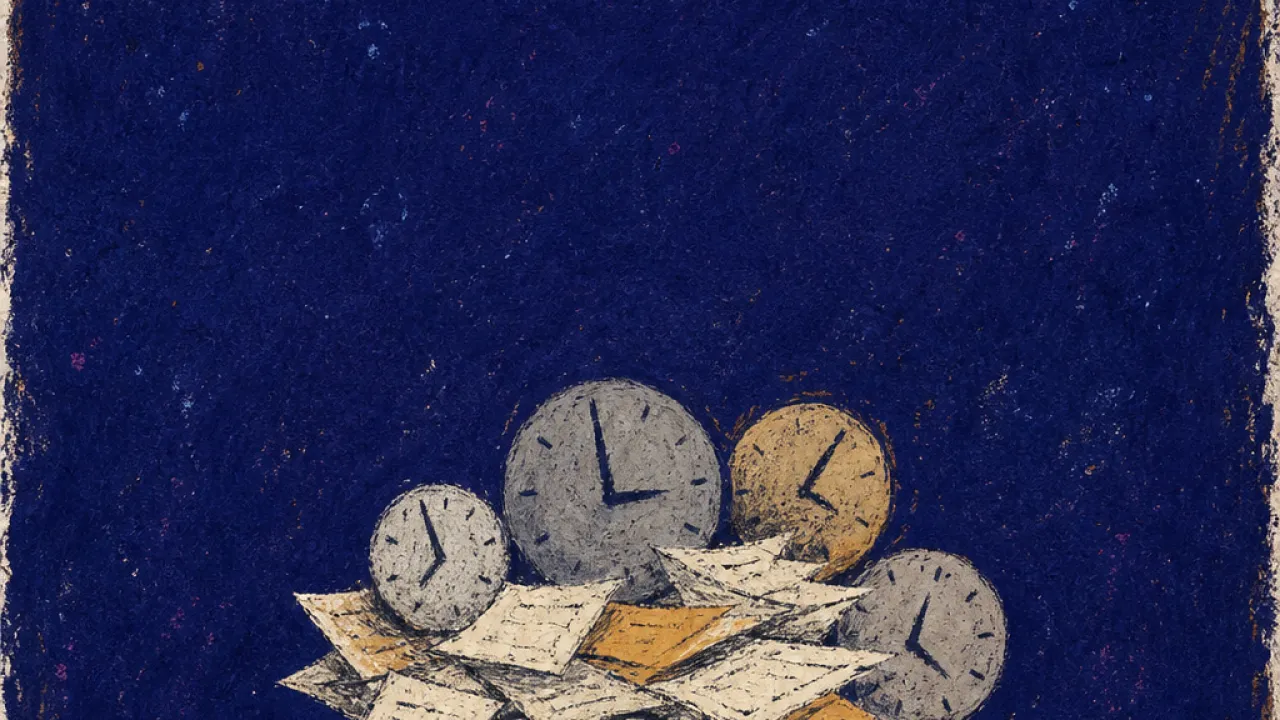 Balancing scope without authority A solitary figure balancing stacked papers and clocks as waves rise behind them, pressure marks across bent shoulders
