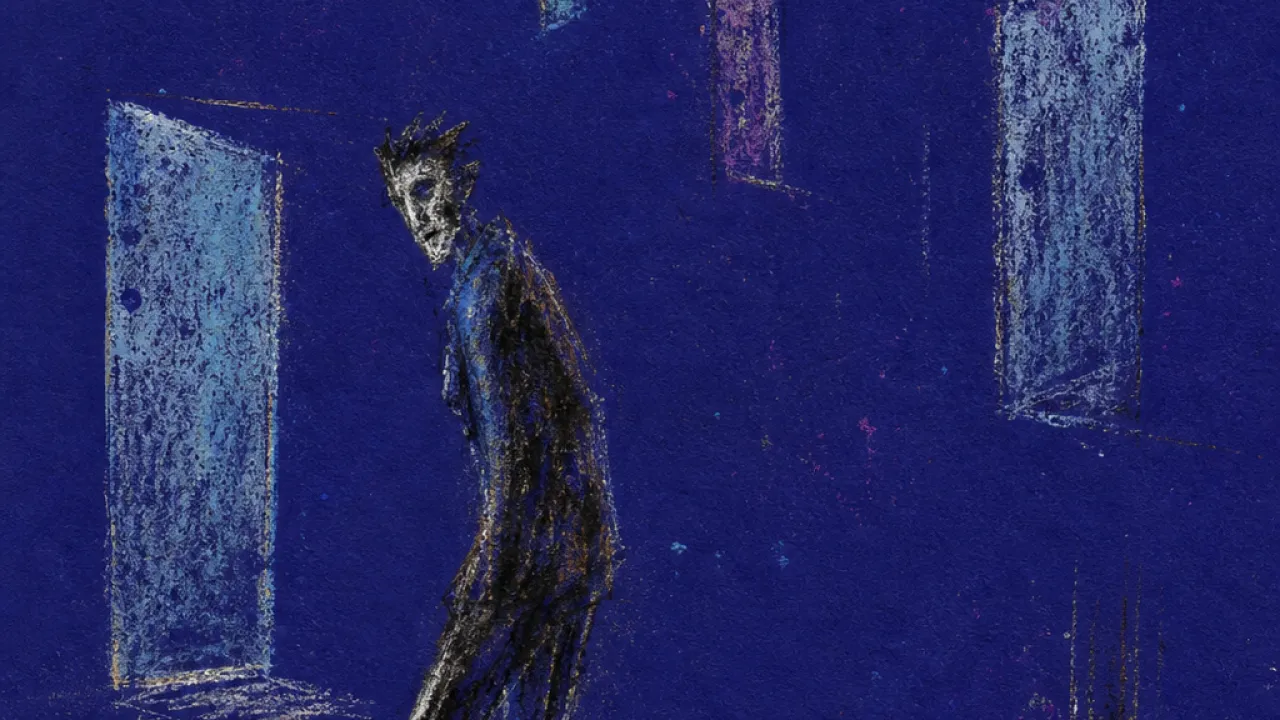 Pulled back from open doors A solitary figure paused before open doorways, ankles ringed by payment lines pulling back into deep indigo space
