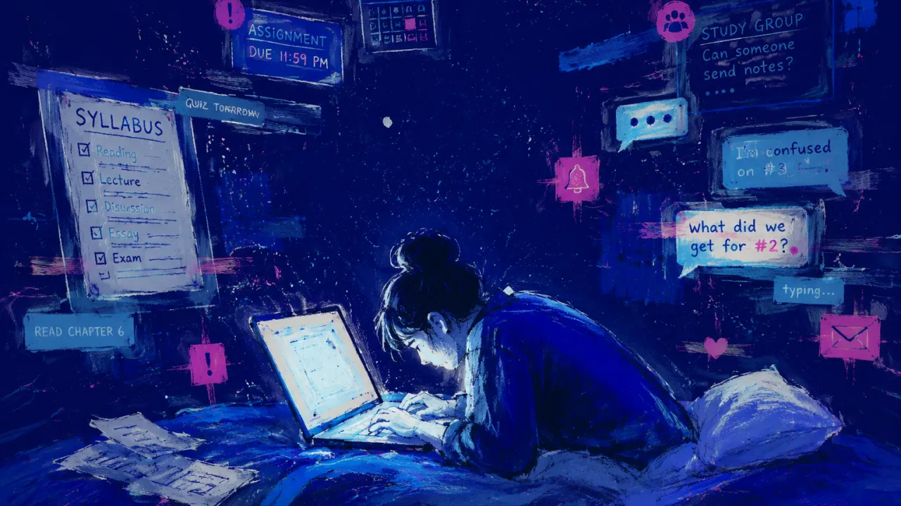 Work crossing every boundary A solitary figure curled over a laptop as pages and message threads cross the room and press into the bed