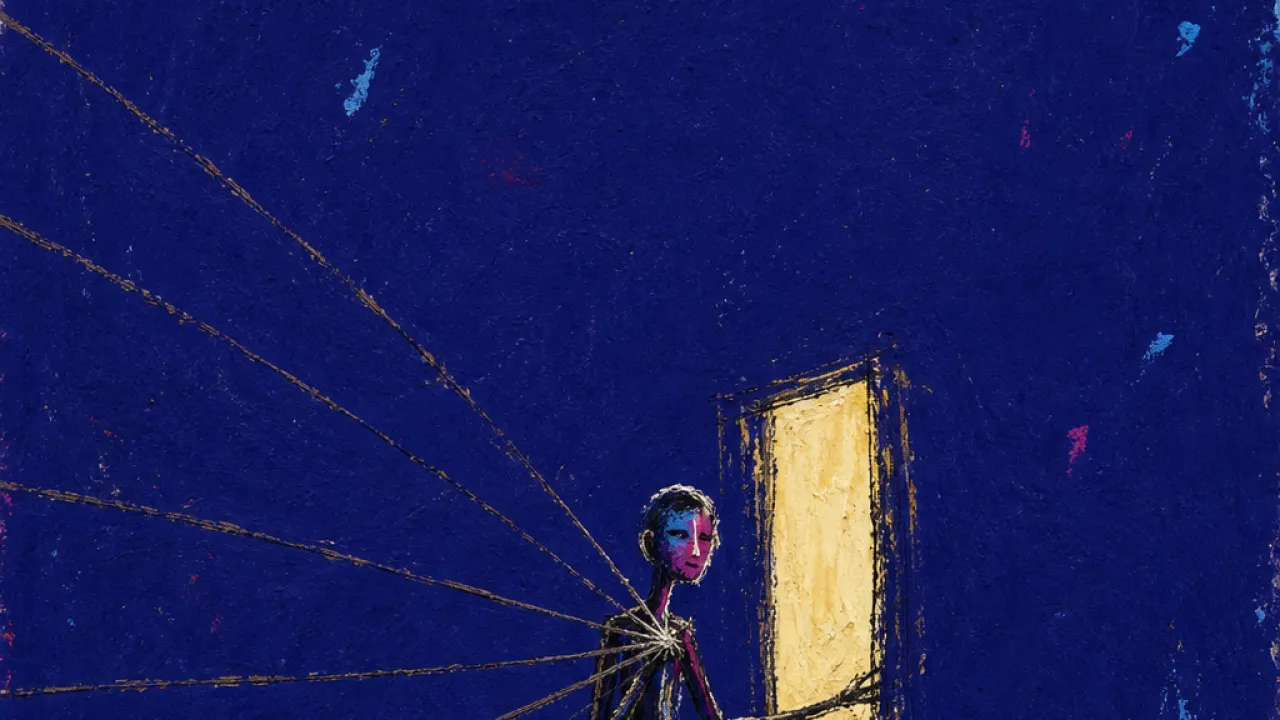 A solitary figure near a lit doorway, held back by invisible strings while a warm circle stays just beyond reach